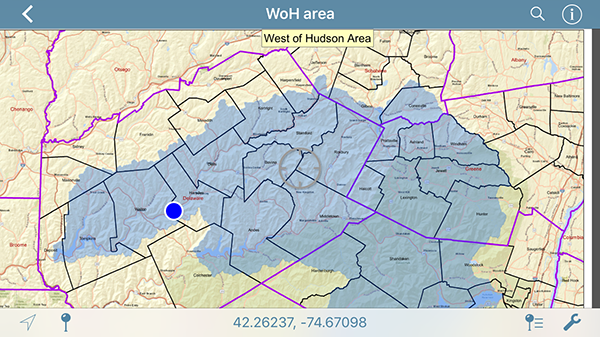 West of Hudson New York City Watershed. Description: PDF map showing New York counties and the Catskill-Delaware New York City Watershed. A blue dot is showing up at the Watershed Agricultural Council office in Hamden, NY, indicating the author’s location.