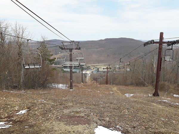 View from the top of the former Scotch Valley ski slope. View down the former Scotch Valley ski slope from the top of the chair lift on Bald Mountain, Stamford, New York.