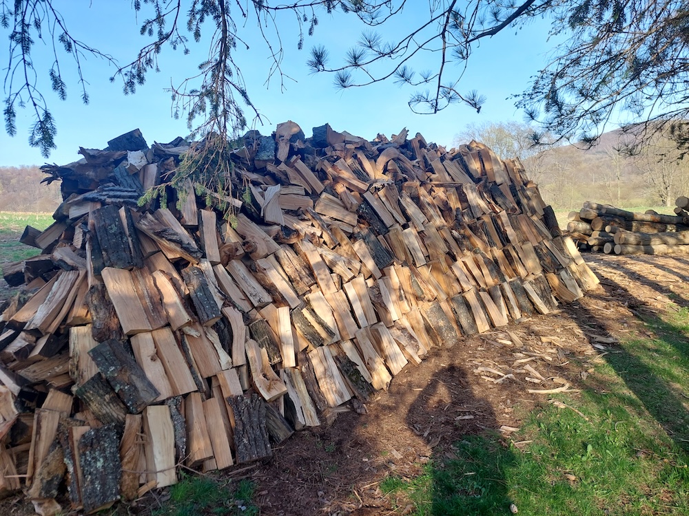 Mountain-top-shaped firewood stack. I’m guessing there are 4 cords stacked here.