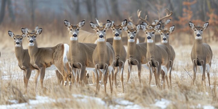 A large group of white-tailed deer, 12 does and 2 bucks, on alert in a field during winter.