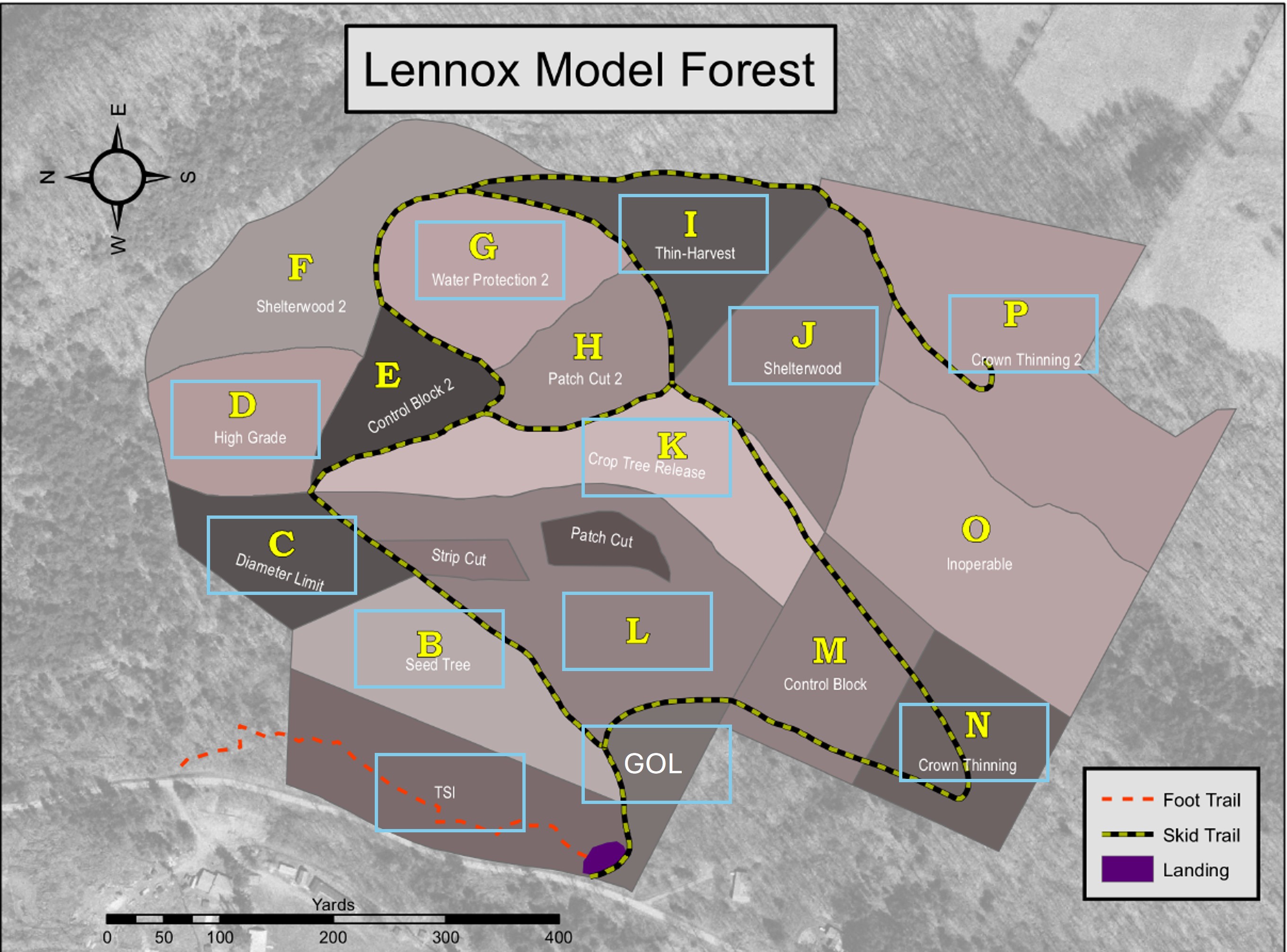 Lennox map. Map of Lennox Model Forest in Delhi, NY showing the different forest compartments, trails, and the landing.