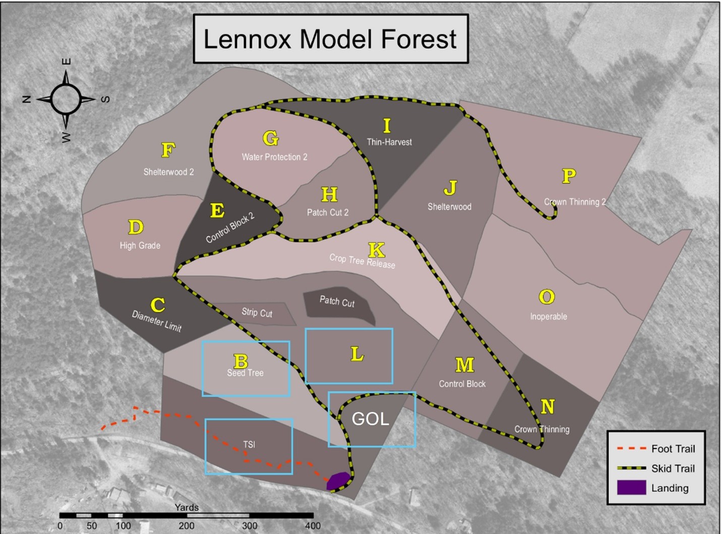 Lennox Model Forest map. A map of the Lennox Model Forest showing the many forest compartments, trails, and the landing area. Blue boxes highlight areas that have ongoing citizen science research.