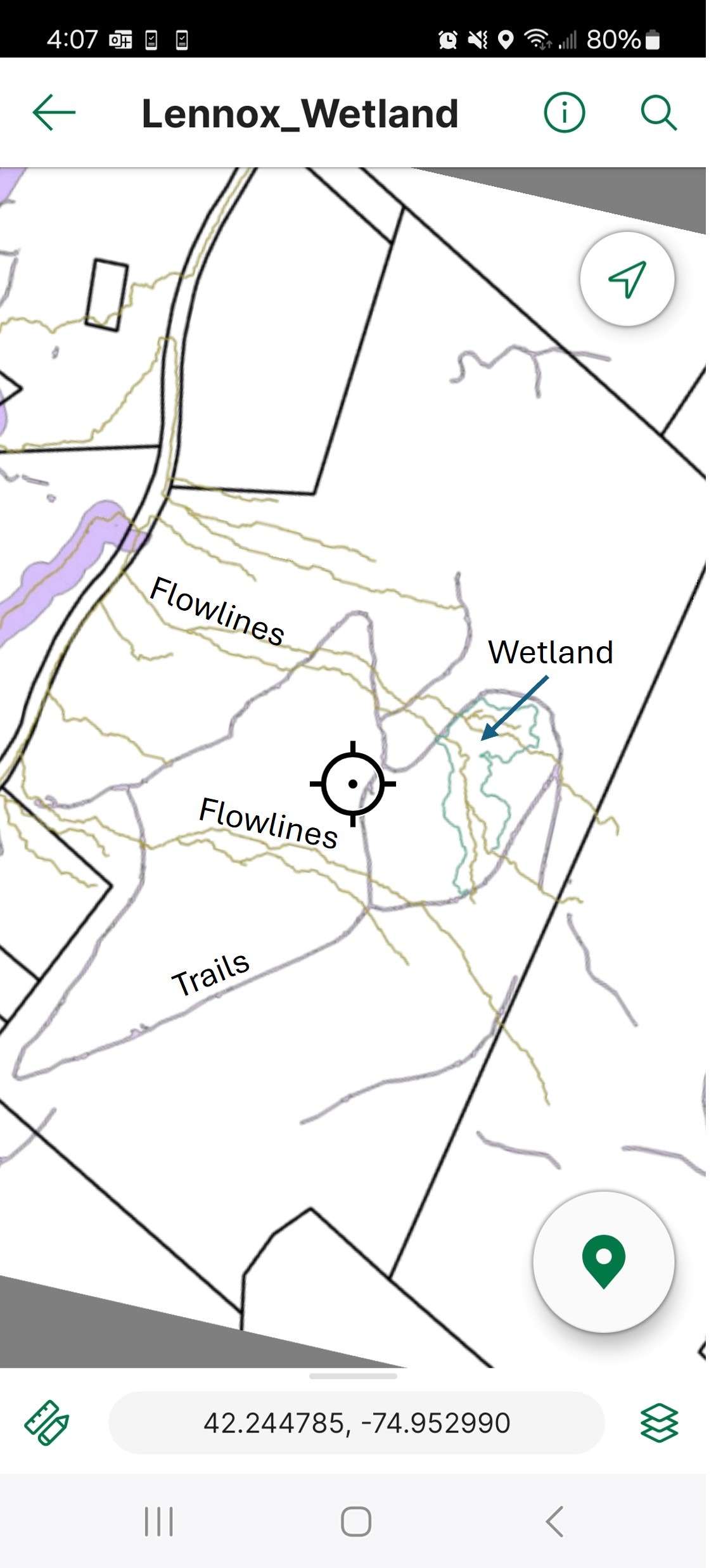 Waterways and trails at Lennox Model Forest. An Avenza screenshot showing streams and wetlands in relation to the trail network at Lennox Model Forest.