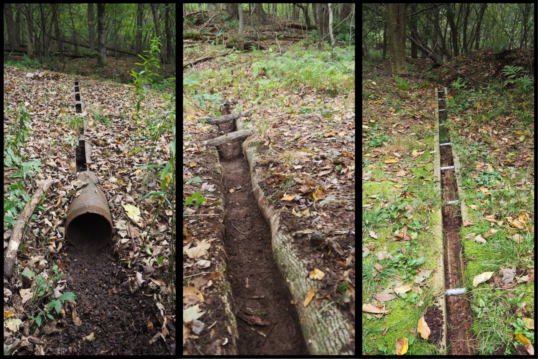 Water control structure examples. Three different styles of water control structures, made from a pipe with openings cut into the top, small diameter logs called poles, and pressure-treated boards.