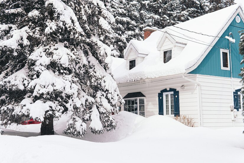 Deep new snowfall. Deep new snow on trees, lawn and a house roof.
