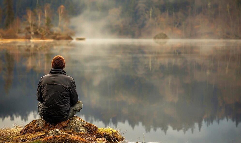 Contemplative man. A man sitting on a rock looking out over still misty open water with woods in the background.