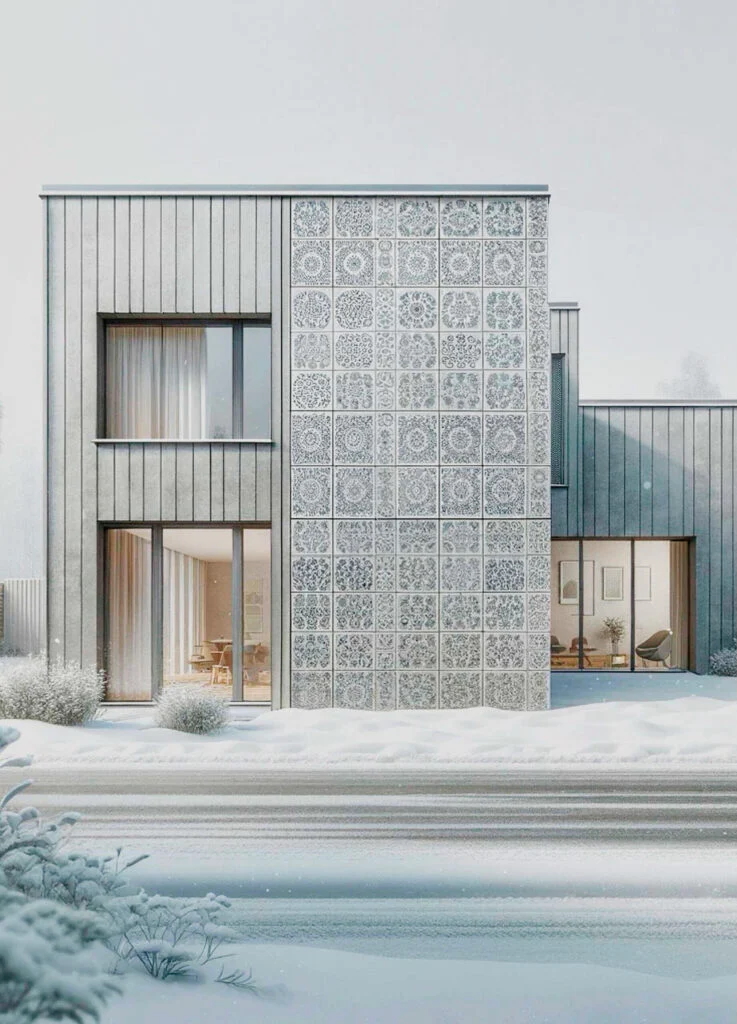 A photo of a building with decorative cladding (siding) made from compressed paper.