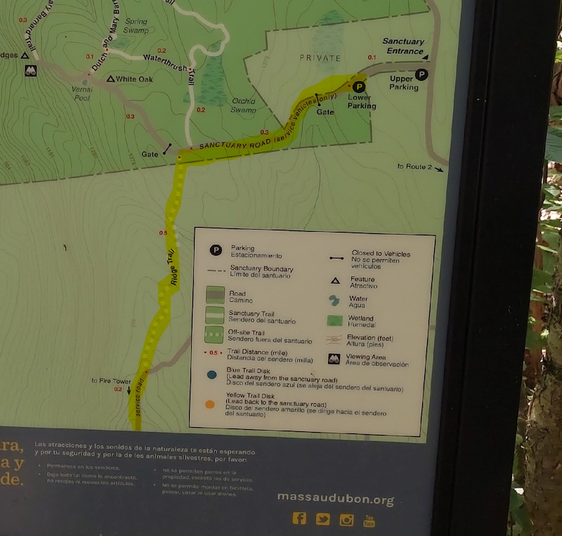 A highlighter marks the hiking route from the Mass Audubon High Ledges Wildlife Sanctuary parking lot to the Shelburne Falls fire tower.