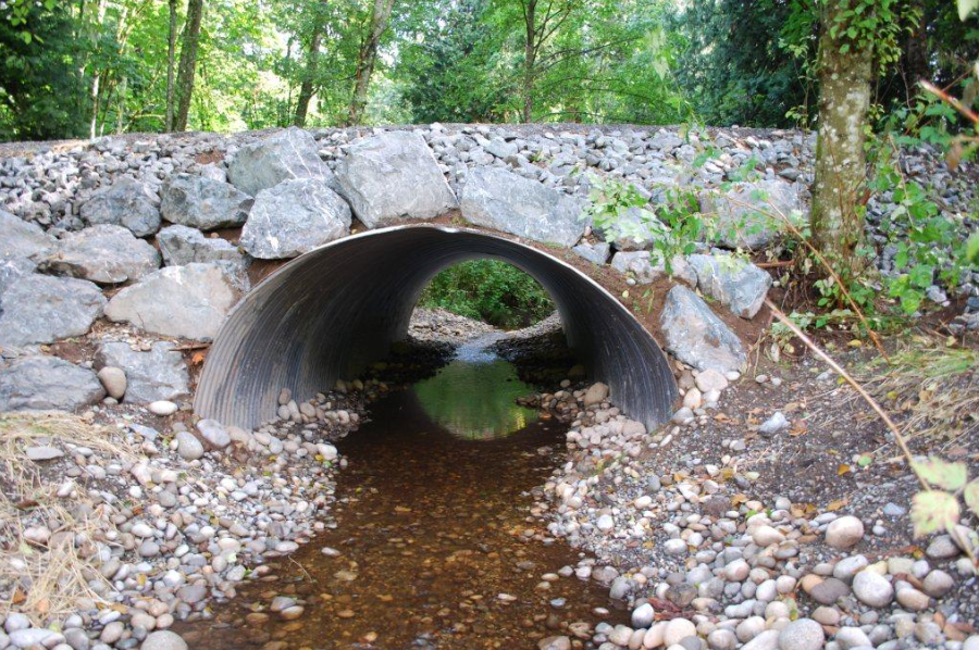 Metal corrugated arch culvert. The Family Forest Fish Passage Program in Washington helps private forestland owners replace fish-barrier culverts and other structures that keep trout, salmon and other fish from reaching upstream habitat. Photo: DNR/DFW/RCO/Project Sponsors.