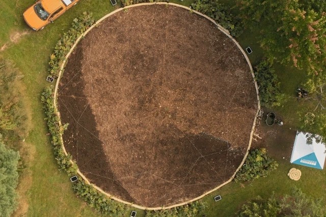 An aerial view of the circular planting site at Danehy Park