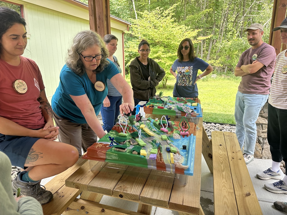A group of people using a table-sized Enviroscape to understand watersheds and the impact of different land use types and activities on water quality.