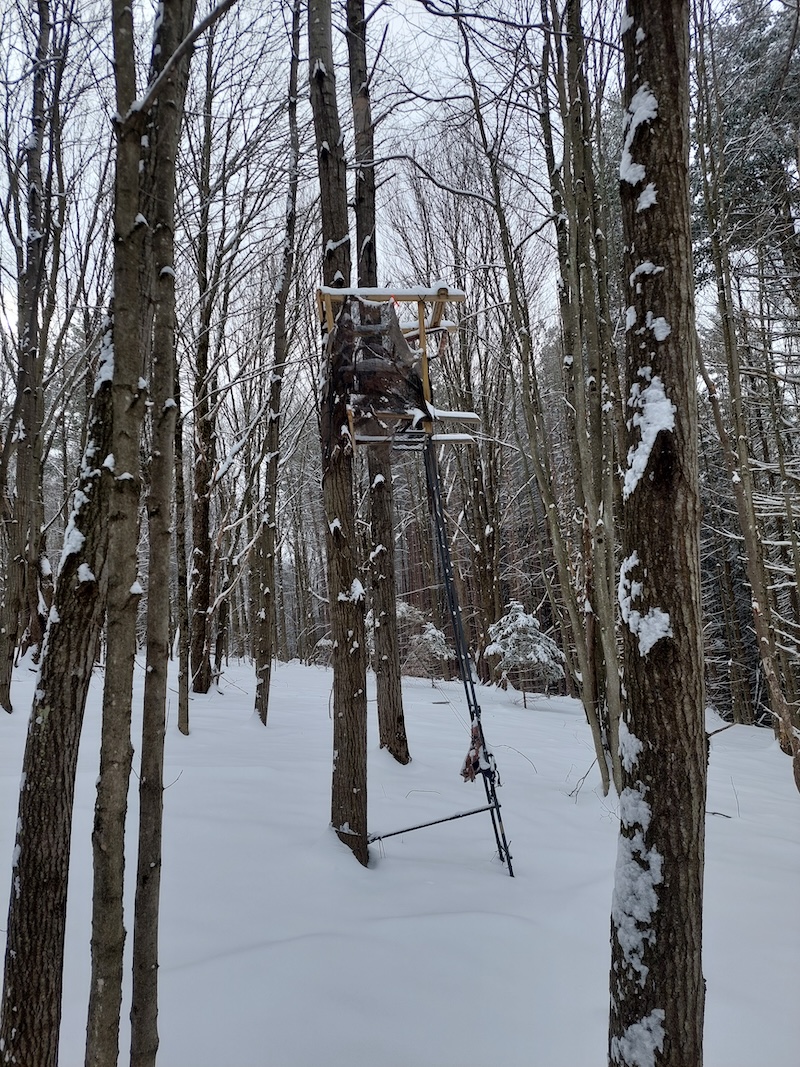 A snowy scene featuring a ladder stand with a custom wooden frame that acts as a rifle rest.
